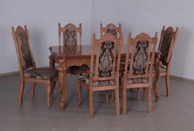➤Ціна 101 681 грн UAH Купити Комплект Басір з різьбленими ніжками розкладний стіл + стільці (6 шт) горіх➤Горіх ➤Обідній стіл та стільці➤Еко➤000041КОМ фото
