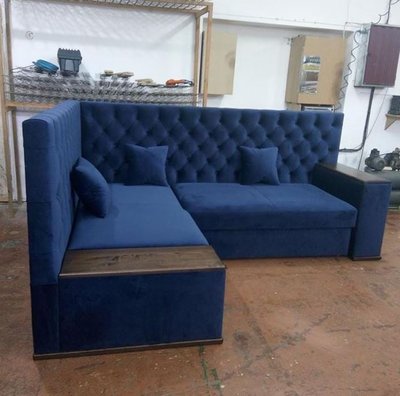 ➤Цена  UAH Купить Угловой диван со спальным местом ткань синяя подлокотники широкие с накладками ➤Синий ➤Диваны угловые➤Nalp➤999PLN фото