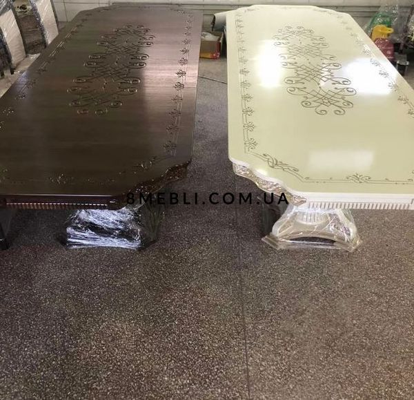 ➤Ціна 30 156 грн UAH Купити Стіл з фігурною стільницею 100x250(+50x2) на різьблених опорах дерев'яний ваніль➤Ваніль ➤Стіл➤Еко➤01112 фото