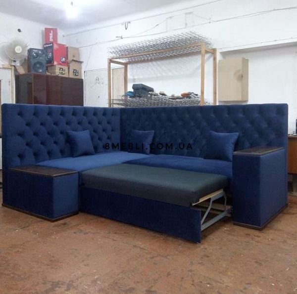 ➤Ціна  UAH Купити Кутовий диван зі спальним місцем тканина синя широкі підлокітники з накладками➤Синій ➤Дивани кутові➤Nalp➤999PLN фото