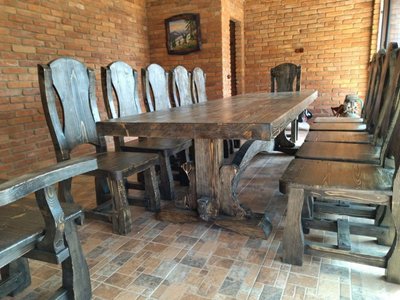 ➤Ціна 43 424 грн UAH Купити Комплект стіл 200х90 нерозкладний + стільці 12 шт дерев'яний під старовину 2➤Темний горіх ➤Комплекти обідні дерев'яні під старовину➤Rotanes➤0104МЕКО фото