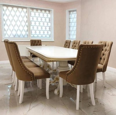 ➤Цена 145 350 грн UAH Купить Большой стол из натурального дерева 230x100 (+40x3) с мягкими стульями 10 шт белый + патина ➤Белый ➤Классические➤Nalp➤017PLN фото