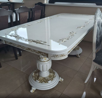 ➤Ціна 26 599 грн UAH Купити Білий стіл банкетний з патинованим розкладним візерунком 200х100+40+40 Казимир➤Білий ➤Стіл обідній➤Еко➤097СТ фото