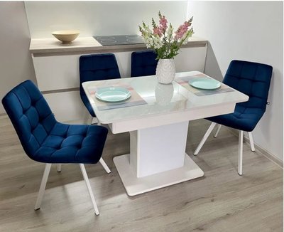 ➤Ціна 21 600 грн UAH Купити Комплект для современной кухни стол белое дерево 110х70(+35) с мягкими стульями 4 шт синих на белых опорах➤Синій ➤Кухонний стіл та стільці комплект➤Maj➤0575JAM фото