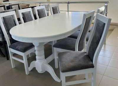 ➤Ціна 30 190 грн UAH Купити Обідній комплект стіл розкладний 90х160(+40)+ стільці 8 шт білий лак➤Білий ➤Обідній стіл та стільці➤Nerb➤2029СТ фото