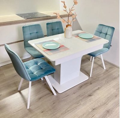 ➤Ціна 21 600 грн UAH Купити Комплект для сучасної кухні стіл біле дерево 110х70(+35) з м'якими стільцями 4 шт блакитних на білих опорах➤Блакитний ➤Кухонний стіл та стільці комплект➤Maj➤0575JAM фото