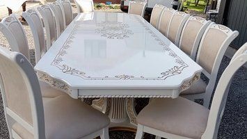 ➤Цена 33 000 грн UAH Купить Стол деревянный 250х100(+50х2) с резными опорами и фигурной столешницей ivory 3 ➤Слоновая кость+патина ➤Стол обеденный ➤Nalp➤10111СТ фото
