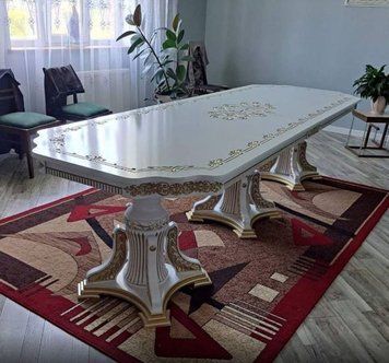 ➤Ціна 32 890 грн UAH Купити Обідній стіл великий розкладний 300х100+50 на фігурних ніжках білий з патиною➤Білий ➤Великий обідній стіл➤Еко➤1095СТ фото