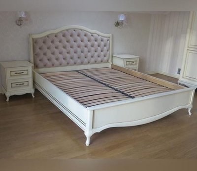 ➤Ціна  UAH Купити Ліжко дерев'яне 182х200 з високим узголів'ям, декорованим тканиною лак білий➤Білий ➤Ліжко двоспальне➤Nalp➤1018PLN фото