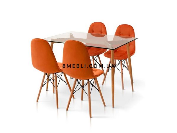 ➤Цена 11 200 грн UAH Купить Комплект обеденный стол прозрачный 80х120 стекло закаленное опоры металл + 4 стула лофт велюр оранжевый ➤Прозрачный ➤Кухонный недорогой комплект➤➤011K_JASK фото