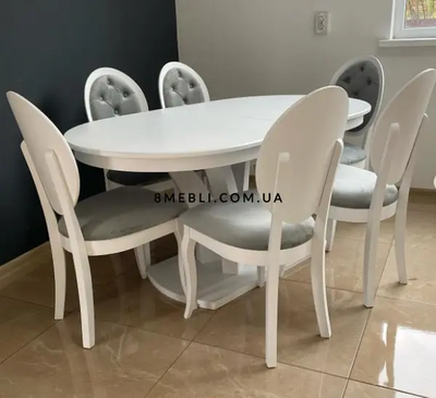 ➤Ціна 31 602 грн UAH Купити Комплект стіл обідній 120х80(+40) білий + стільці з круглою спинкою 6 шт сірі➤Білий ➤Обідній стіл та стільці➤Rotanes➤0201SEN фото