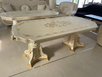 ➤Ціна 30 156 грн  Купити Стіл з фігурною стільницею 100x250(+50x2) на різьблених опорах дерев'яний лак слонова кістка➤Слонова кістка ➤Стіл➤Еко➤01112 фото
