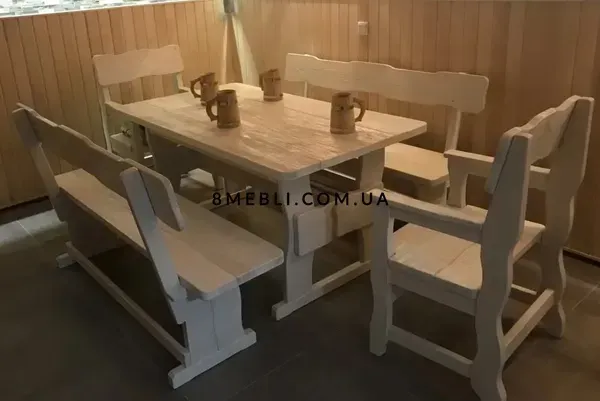 Комплект меблів стіл 120х80 з лавками 2 шт + стільця з підлокітниками 2 шт дерев'яні під старовину