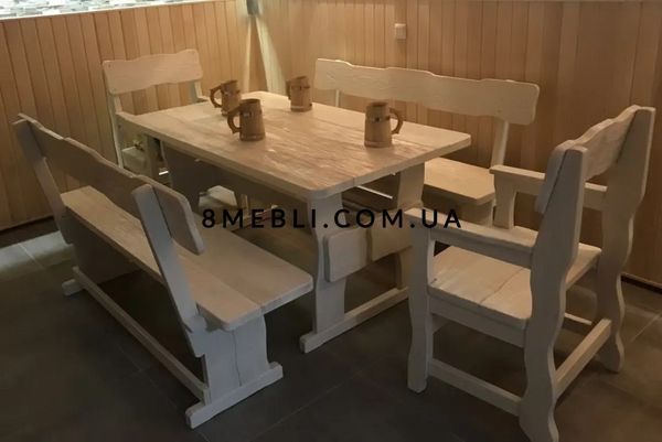 ➤Ціна 43 500 грн UAH Купити Комплект меблів стіл 120х80 з лавками 2 шт + стільця з підлокітниками 2 шт дерев'яні під старовину➤White ➤Комплекти обідні дерев'яні під старовину➤МЕКО➤0220МЕКО1 фото