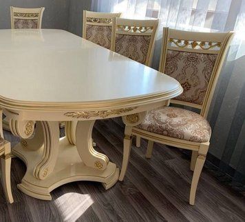 ➤Цена 55 942 грн UAH Купить Банкетный стол 200х90(+40) овальный со стульями мягими 4 шт спинка резным узором слоновавя кость ➤Слонова кістка ➤Обеденный стол и стулья➤Еко➤2029CТ фото