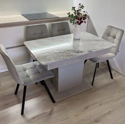 ➤Ціна 21 600 грн UAH Купити Комплект для обідньої зони стіл 70х110(+35) бетон світлий + 4 стільці на білих ніжках➤Білий ➤Кухонний стіл та стільці комплект➤Maj➤0583JAM фото