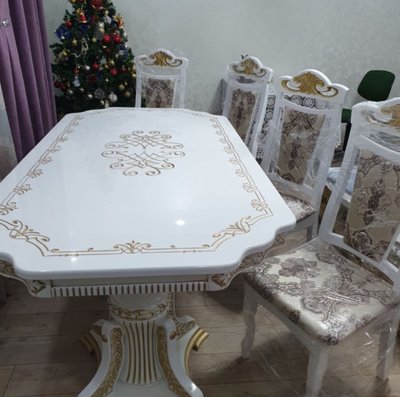 ➤Ціна 38 599 грн UAH Купити Стіл та стільці дерев'яні 1+6 Ромен 200х100+40+40 білий патина золото➤Білий ➤Обідній стіл та стільці➤Еко➤000054КОМ фото