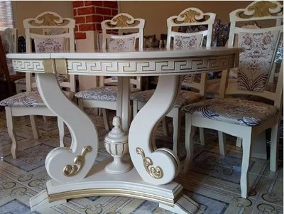 ➤Ціна 15 017 грн UAH Купити Овальний стіл дерев'яний з патиною на фігурній опорі розкладний Капітон 1200х800 (+400)➤Білий ➤Стіл обідній➤Еко➤106СТ фото