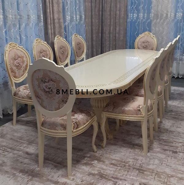 ➤Ціна 214 020 грн UAH Купити Комплект стіл 200x100 (+50x2) та стільці обідні 10 шт слонова кістка з патиною➤Слонова кістка ➤Класичні меблеві комплекти➤Nalp➤028PLN фото