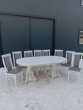 ➤Цена 60 277 грн UAH Купить Комплект стол на резных опорах 200х100(+40+40) + стулья 8 шт белый ➤Белый ➤Обеденный стол и стулья➤Rotanes➤2222SEN фото