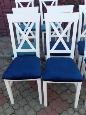 ➤Ціна 2 838 грн UAH Купити Білий дерев'яний стілець для сучасної обідньої зони тканина синя Євграф➤Білий ➤Стільці з м'яким сидінням та твердою спинкою➤Еко➤76ST фото