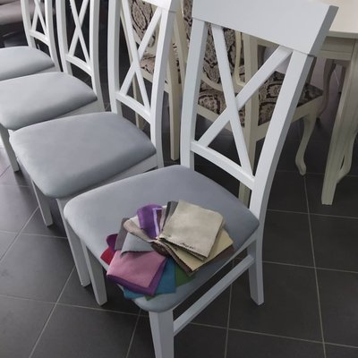 ➤Ціна 2 926 грн UAH Купити Білий дерев'яний стілець для сучасної обідньої зони тканина синя Євграф 5➤білий + беж ➤Стільці з м'яким сидінням та твердою спинкою➤Еко➤76ST фото