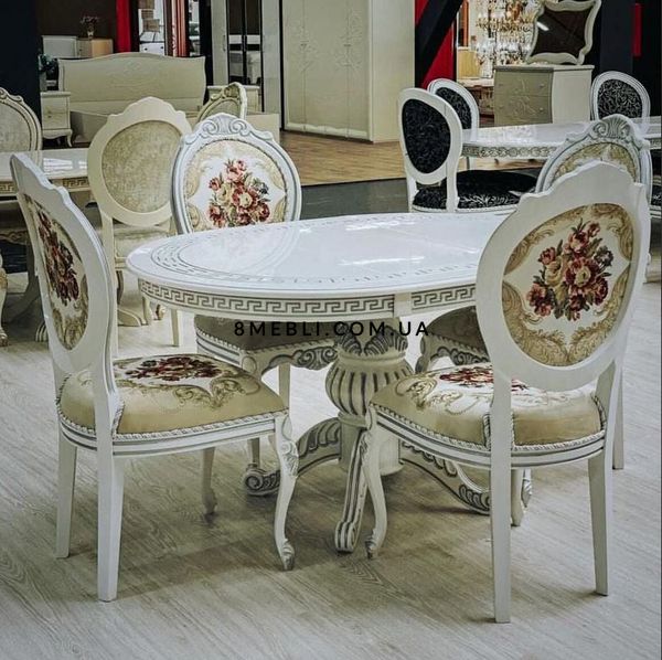 ➤Ціна 79 155 грн UAH Купити Комплект круглий стіл на одній опорі D110 зі м'якими стільцями 4 шт білий + патина➤Білий ➤Класичні➤Nalp➤080PLN фото