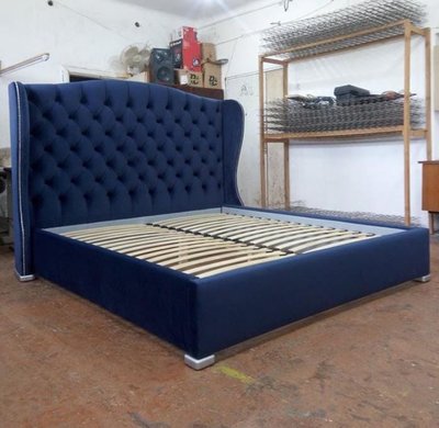 ➤Ціна  UAH Купити Ліжко двоспальне з високим узголів'ям драпіроване тканиною колір синій➤Синій ➤Ліжко двоспальне➤Nalp➤1024PLN фото