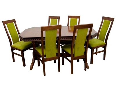 ➤Цена  UAH Купить Обеденный стол в гостиную 160x90 (+40) + стулья мягкие 6 шт ткань зеленая лак темный орех ➤ ➤Классические➤Nalp➤130PLN фото