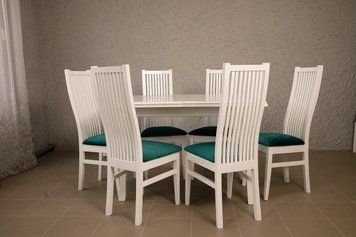 ➤Цена 29 284 грн UAH Купить Кухонный стол на прямых ножках 120х80(+40) + стулья с твердой спинкой 6 шт ➤Белый ➤Кухонный стол и стулья комплект➤lebem➤358ММЕ фото