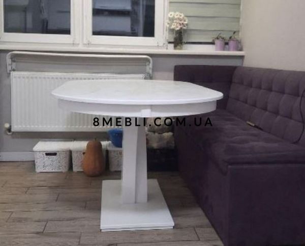 ➤Ціна 22 896 грн UAH Купити Комплект стіл на одній опорі Кайл 110х70(+40) + стільці 4 шт білий➤Білий ➤Обідній стіл та стільці➤Rotanes➤0091SEN фото