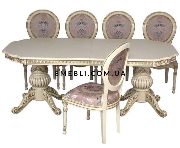 ➤Ціна 144 900 грн UAH Купити Обідній стіл у вітальню 180x100 (+50x2) зі стільцями 6 шт. слонова кістка + патина➤Слонова кістка ➤Класичні меблеві комплекти➤Nalp➤035PLN фото