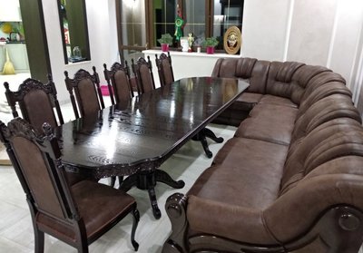 ➤Ціна 75 444 грн UAH Купити Обідній гарнітур стіл дерев'яний різьблений Бахтіяр зі стільцями 6 шт темний горіх➤Горіх ➤Обідній стіл та стільці➤Еко➤000013КОМ фото
