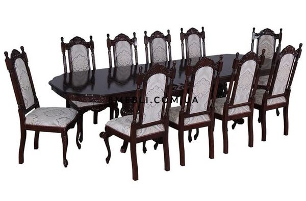 ➤Ціна 124 200 грн UAH Купити Класичний стіл у вітальню 180x100 (+50x2) зі стільцями 10 шт темний горіх➤Темний горіх ➤Класичні➤Nalp➤037PLN фото