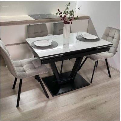 ➤Ціна 24 650 грн UAH Купити Набір меблів для кухні стіл 70х110(+60) чорний з м'якими стільцями 4 шт на чорних ніжках тканина сіра➤Чорний ➤Кухонний стіл та стільці комплект➤Maj➤0593JAM фото