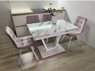 ➤Ціна 24 650 грн UAH Купити Обідній комплект стіл розкладний 70х110(+60) білий + 4 стільці Пудра на білих ніжках➤Чорний ➤Кухонний стіл та стільці комплект➤Maj➤0595JAM фото