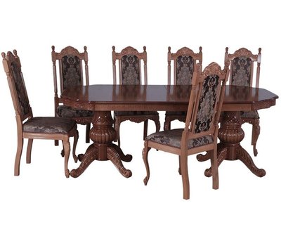 ➤Ціна 93 060 грн UAH Купити Класичний стіл з дерева 180x100 (+50x2) зі стільцями 6 шт лак горіх➤Горіх ➤Класичні➤Nalp➤044PLN фото