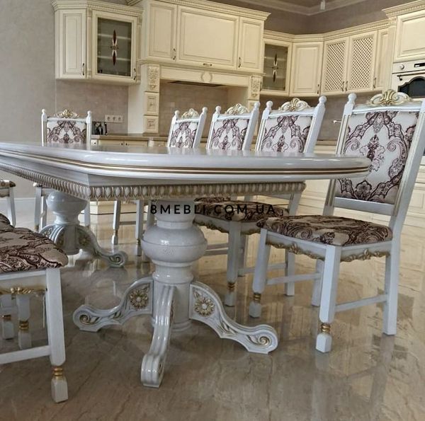 ➤Ціна 123 975 грн UAH Купити Овальний стіл із масиву дерева 180x100 (+50x2) зі стільцями 10 шт лак білий + патина➤Білий ➤Класичні➤Nalp➤045PLN фото