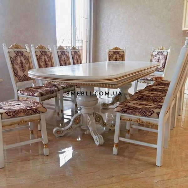 ➤Ціна 123 975 грн UAH Купити Овальний стіл із масиву дерева 180x100 (+50x2) зі стільцями 10 шт лак білий + патина➤Білий ➤Класичні➤Nalp➤045PLN фото