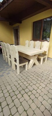 ➤Ціна 24 075 грн UAH Купити Комплект стіл Ски нерозкладний зі стільцями 8 шт дерев'яний під старовину➤Бук натуральний ➤Комплекти обідні дерев'яні під старовину➤МЕКО➤0114МЕКО фото