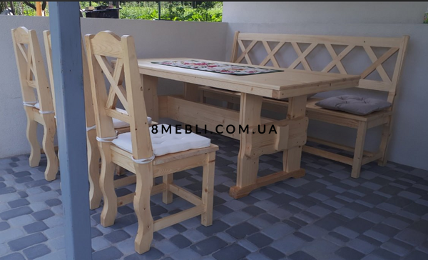 ➤Ціна 19 390 грн UAH Купити Комплект стіл 160х80 +лавка та два стільці дерев'яні під старовину Очірбат➤Смерека ➤Стіл та стільці для саду➤Еко➤007КС фото