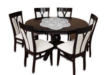 ➤Ціна 31 840 грн UAH Купити Круглий стіл нерозкладний D80 зі стільцями м'якими 6 шт темний горіх➤Темний горіх ➤Обідній стіл та стільці➤lebem➤370ММЕ фото