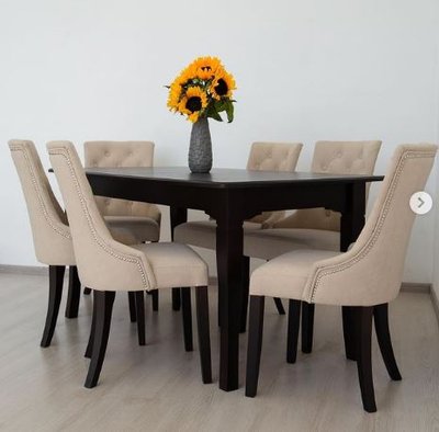 ➤Цена 61 193 грн UAH Купить Комплект кухонный стол деревянный 160х90 (+40) + стулья мягкие 6 шт орех темный ➤ ➤Недорогие обеденные группы➤lebem➤288.1ММЕ фото