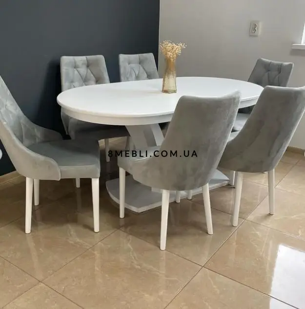 Комплект обідній стіл білий + стільці крісла 6 шт сірі