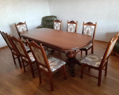 ➤Цена 100 875 грн UAH Купить Комплект мебели стол обеденный раскладной 180x100 (+40x2) + стулья классические 8 шт лак орех темный ➤ ➤Классические➤Nalp➤051PLN фото