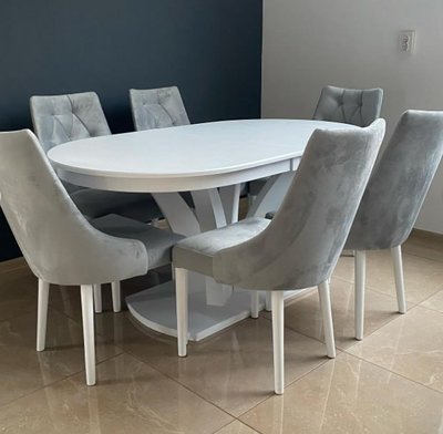 ➤Ціна 44 500 грн UAH Купити Комплект обідній стіл 140х80(+40) білий + стільці крісла 6 шт сірі➤White ➤Обідній стіл та стільці➤Rotanes➤0200SEN фото