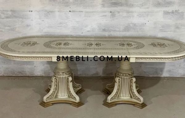 ➤Цена 25 680 грн UAH Купить Стол овальный 200х100(+40х2) на фигурных опорах слоновая кость с патиной ➤White ➤Стол обеденный ➤Еко➤410ST фото