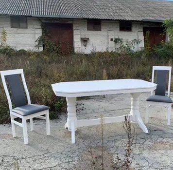 ➤Ціна 30 444 грн UAH Купити Комплект обідній стіл для вітальні з фігурною спинкою 90х160+40 зі м'якими стільцями 6 шт дерев'яний лак білий➤White ➤Кухонний недорогий комплект➤Kit➤092AVN фото