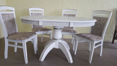 ➤Ціна 22 290 грн UAH Купити Круглий стіл для кухні на одній опорі D80 зі стільцями 4 шт білий➤Білий ➤Обідній стіл та стільці➤lebem➤380ММЕ фото