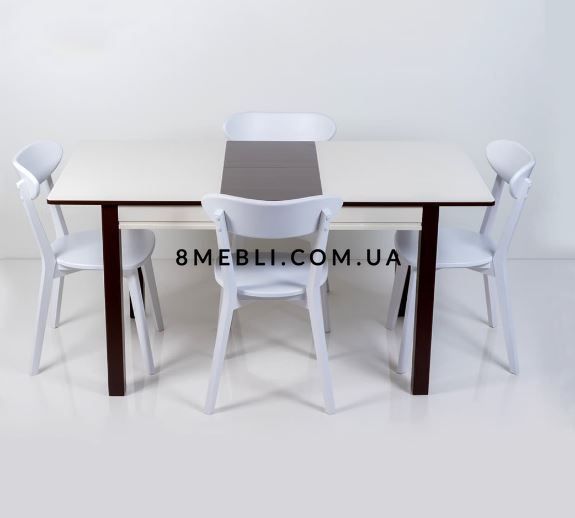 ➤Ціна 11 550 грн UAH Купити Стіл кухонний Омер-Нас 120х80(+40) стільниця скло лакобель білий + горіх➤Темний горіх ➤Стіл обідній➤Remrofib➤0126REM фото